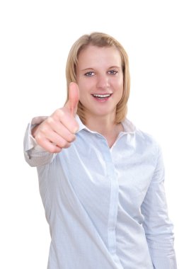 Smiling businesswoman with thumbs up gesture, isolated on white background clipart