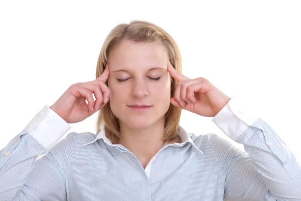 stock image Young beautiful woman keeps her finger on the temples