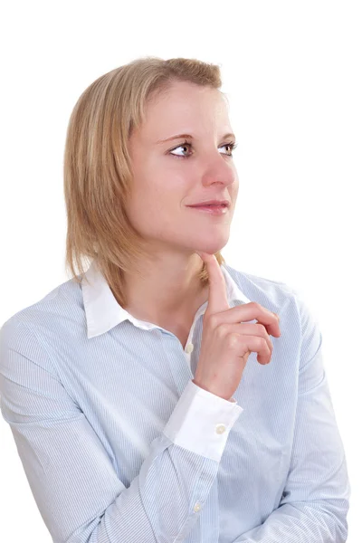 Beautiful young woman thinking, isolated on white background — Stock Photo, Image