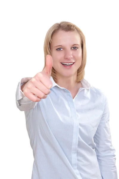 Empresária sorridente com polegares para cima gesto, isolado no fundo branco — Fotografia de Stock