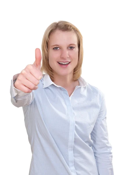 Glimlachende zakenvrouw met Duimschroef opwaarts gebaar, geïsoleerd op witte achtergrond — Stockfoto