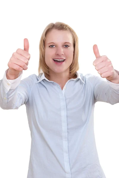 Empresária sorridente com polegares para cima gesto, isolado no fundo branco — Fotografia de Stock