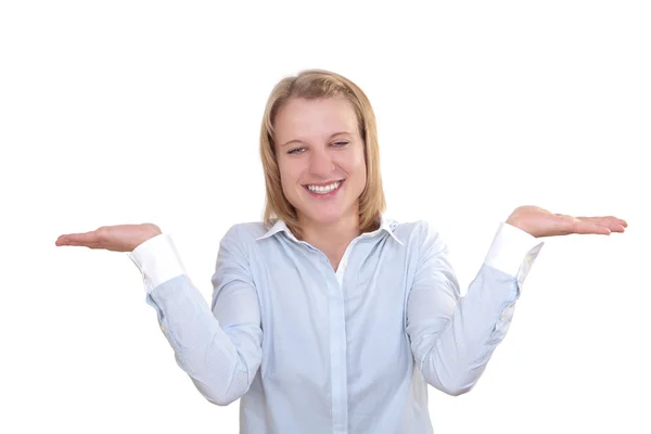 Young woman shrugs her shoulders in a clueless gesture — Stock Photo, Image