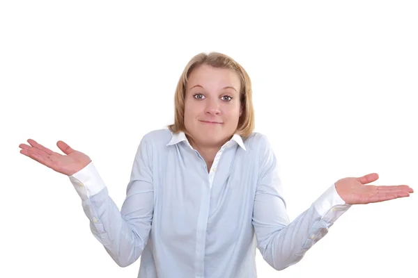 stock image Young woman shrugs her shoulders in a clueless gesture