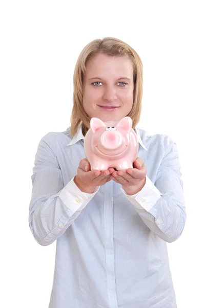 Jovem mulher segurar um porquinho banco no ela ambos mãos — Fotografia de Stock