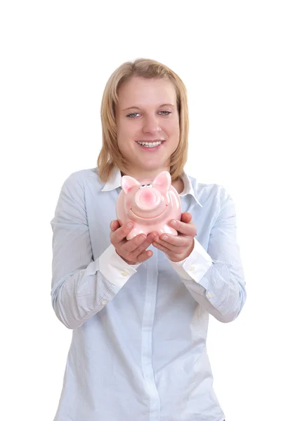 Mladá žena drží prasátko v ní obě ruce — Stock fotografie