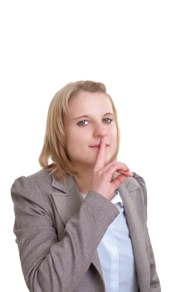 Young girl hold index finger on her lips — Stock Photo, Image