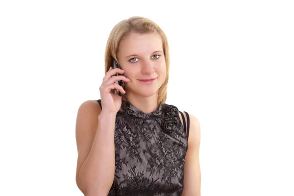Fiatal csinos üzleti nő vesz egy telefonhívás, mobil telefon — Stock Fotó