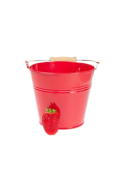 Empty sheet metal pail with a strawberry in front of white background — Stock Photo, Image