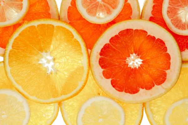 Conjunto de fondo afrutado de discos enteros de naranja, pomelo y limón —  Fotos de Stock