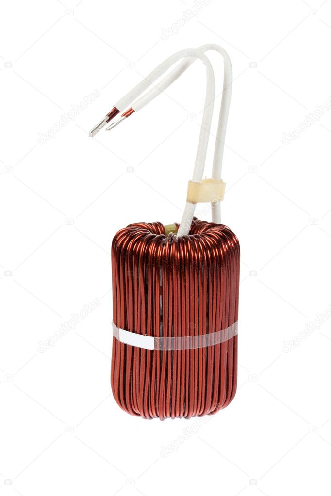 Close up of a large power inductor on a white background