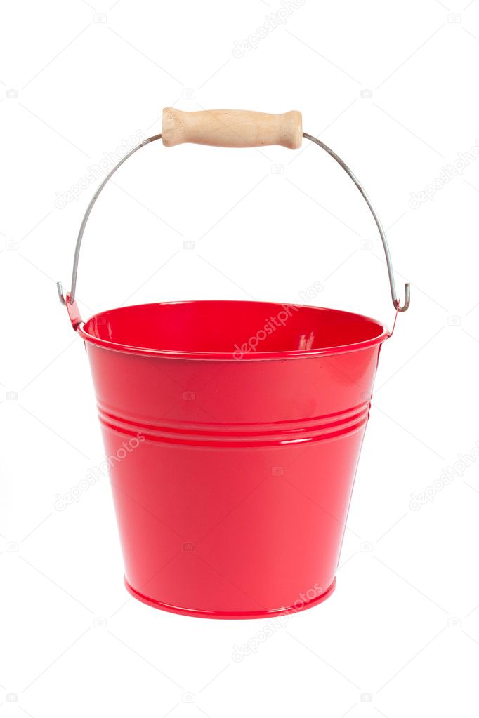 Empty sheet metal pail in front of white background