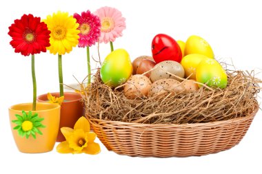 Daisies in the flower pot and Easter eggs in the basket clipart