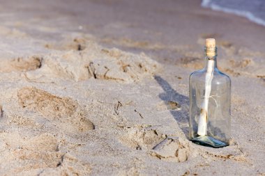 Help message in a bottle on beach clipart