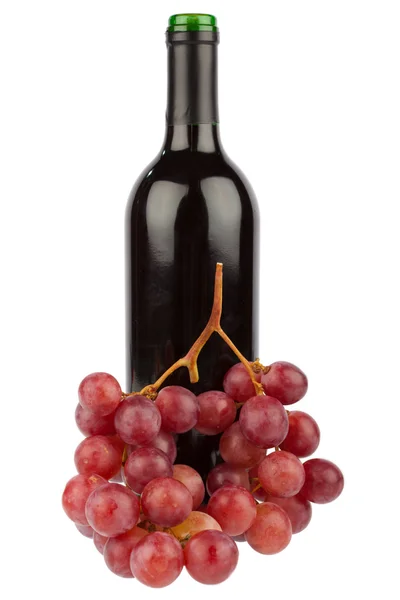 Láhev vína a hroznů na bílém pozadí — Stock fotografie