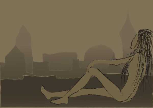 Pigen, der sidder på toppen af en stor by.En stiliseret illustration . - Stock-foto