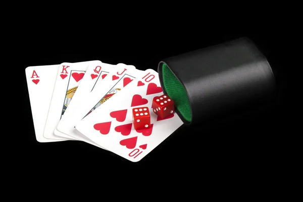 Spela kort, tärningar och cup — Stockfoto