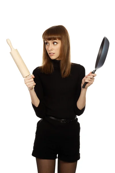 stock image Girl with a frying pan