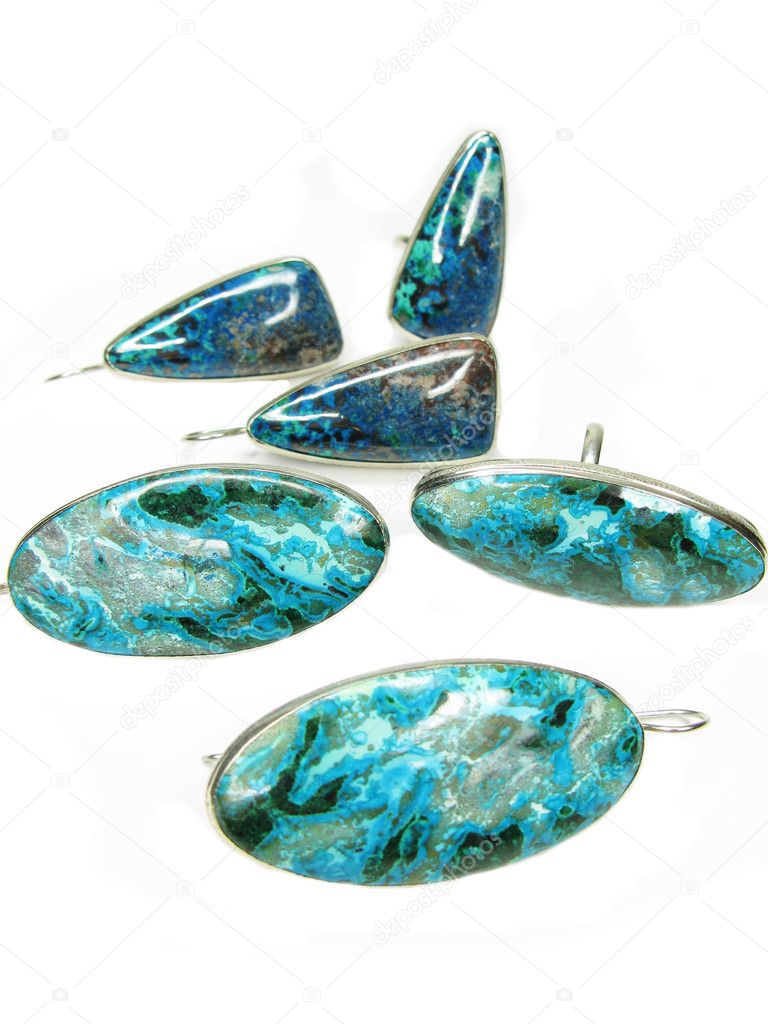 Jewelry earrings with chrysocolla mineral crystals