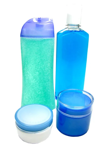 Shower set shampoo creme bottles — Stock Photo, Image
