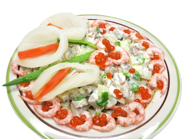 Kreatives Tintenfischgericht mit Garnelen und rotem Kaviar — Stockfoto