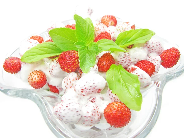 Wild strawberry dessert med pudding och mynta — Stockfoto