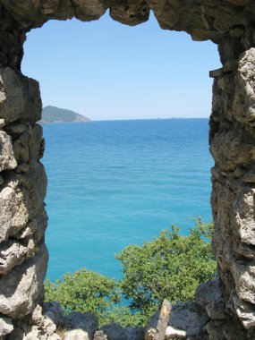 Panoramic view out of window in ancient castle turkey clipart