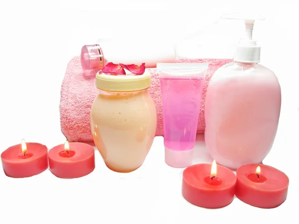 Spa champú gel de ducha rosa pétalos y cremas —  Fotos de Stock