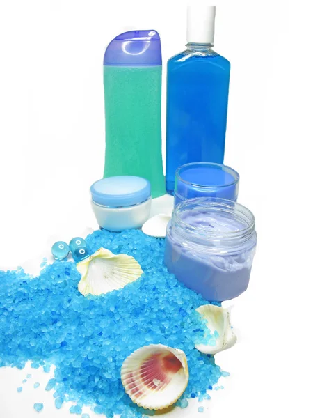 Spa sea shells salt shampoo shower gel and creme — Stock Photo, Image