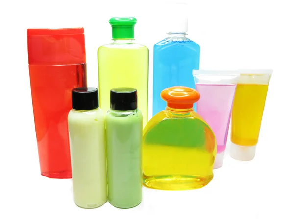 Duche conjunto shampoo gel gel corpo creme garrafas — Fotografia de Stock
