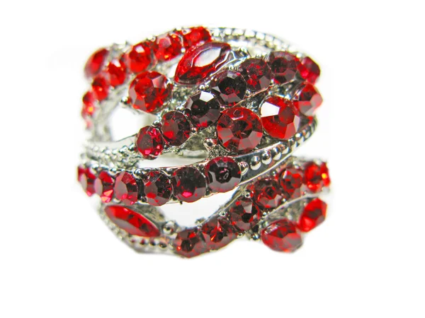 Jewelry ring with bright red ruby crystals — Stock Photo, Image