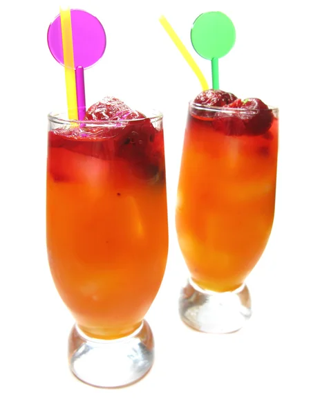 Two fruit red punch cocktail drinks with strawberry — Stock Photo, Image