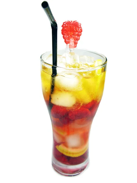 Fruit cocktail drink with lemon and raspberry — Stock Photo, Image