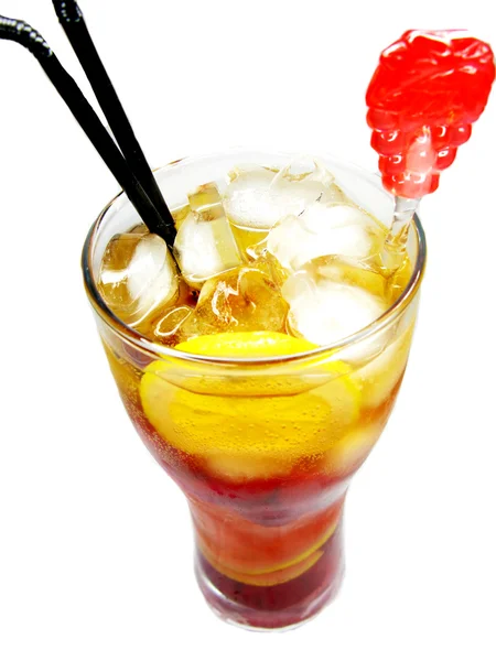 Fruit cocktail juice drink with lemon and raspberry — Stock Photo, Image