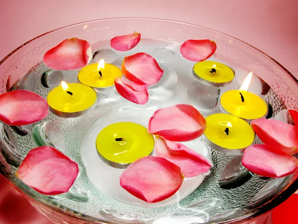 stock image Spa candles red rose petals