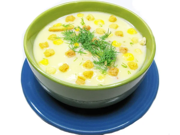 Yellow cream soup with vegetables — Stock Photo, Image