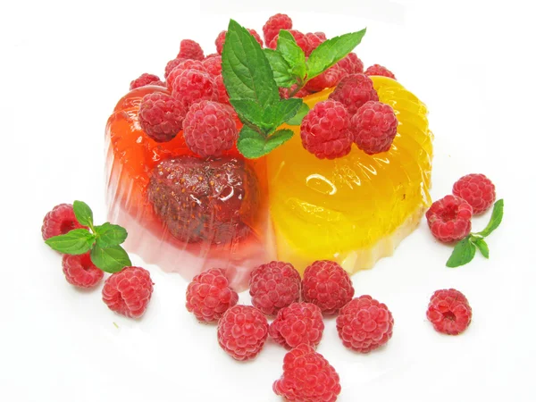 Fruit jelly dessert with fresh raspberry — Stock Photo, Image