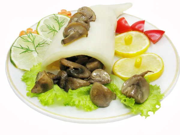 Tintenfischmehl mit Pilzen — Stockfoto
