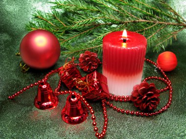 Red christmas balls candle and ribbon clipart