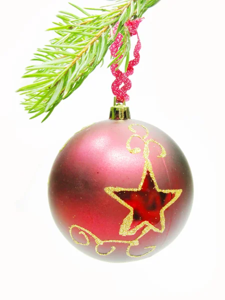 Red christmas ball hanging on fir branch — Stock Photo, Image
