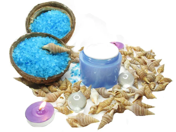 Stock image Spa sea shells salt shampoo shower gel and creme