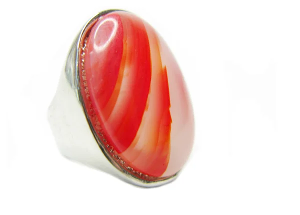 Jewelry ring with bright red carnelian crystal — Stock Photo, Image