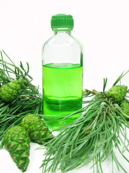 Extracto de la botella de aceite de aroma Spa con el abeto — Stockfoto