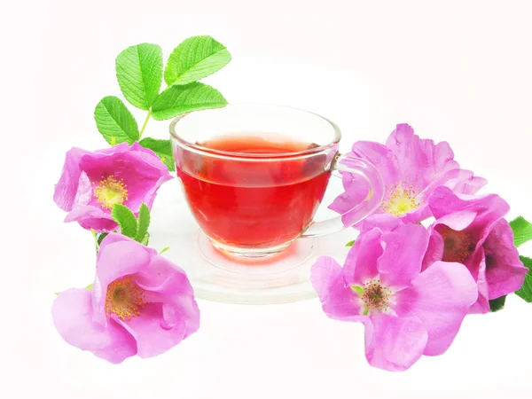 Chá de ervas vermelho com pétalas de rosa selvagens — Fotografia de Stock