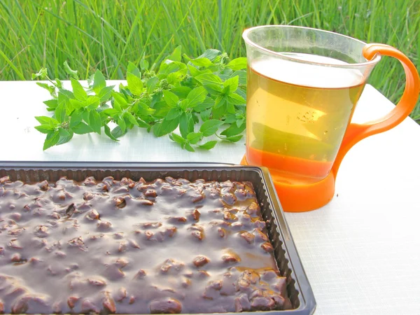 Herbal tea and chocolate cake — Stock Photo, Image