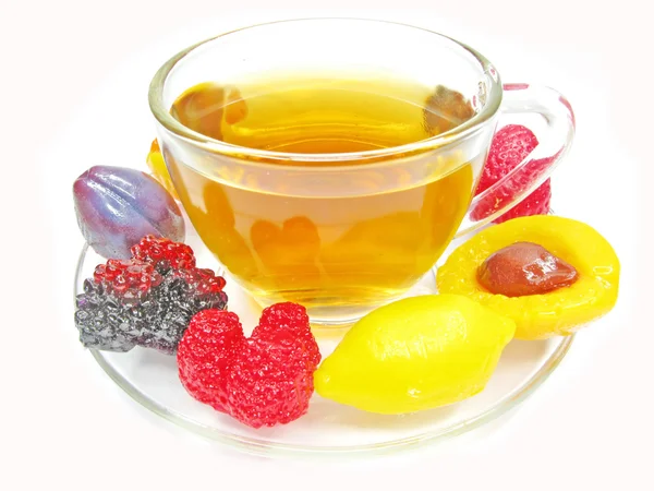 마멀레이드 젤라틴 과일과 차 컵 — 스톡 사진