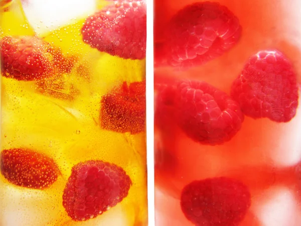 Bebidas frías de zumo de frutas con fondo de frambuesa — Foto de Stock