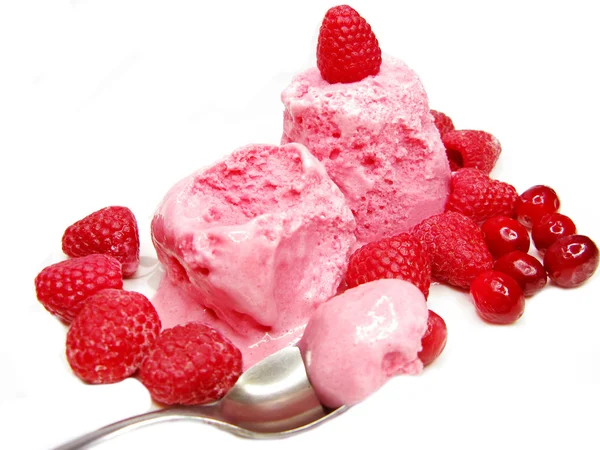 Růžový ovoce zmrzlina s lžičkou — Stock fotografie
