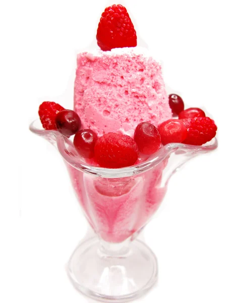 Pink fruit raspberry ice-cream with spoon — Stockfoto