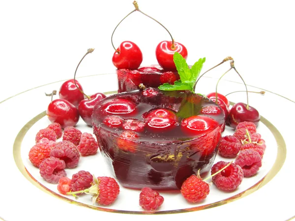 Cherry dessert with pudding and jelly — Stock Photo, Image